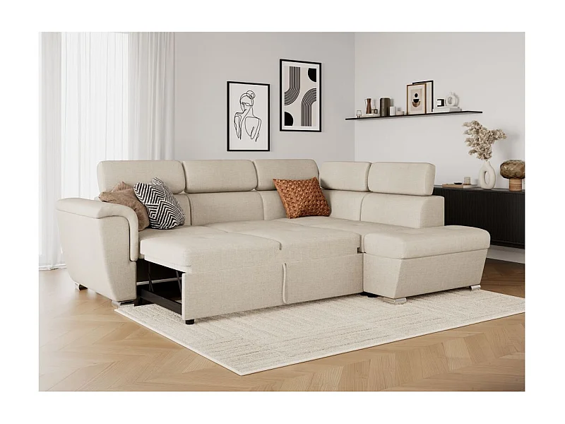 Canapé d'angle droit convertible 4 places Paola avec coffre en tissu - Beige - L252 x P188 x H76cm - Loungitude