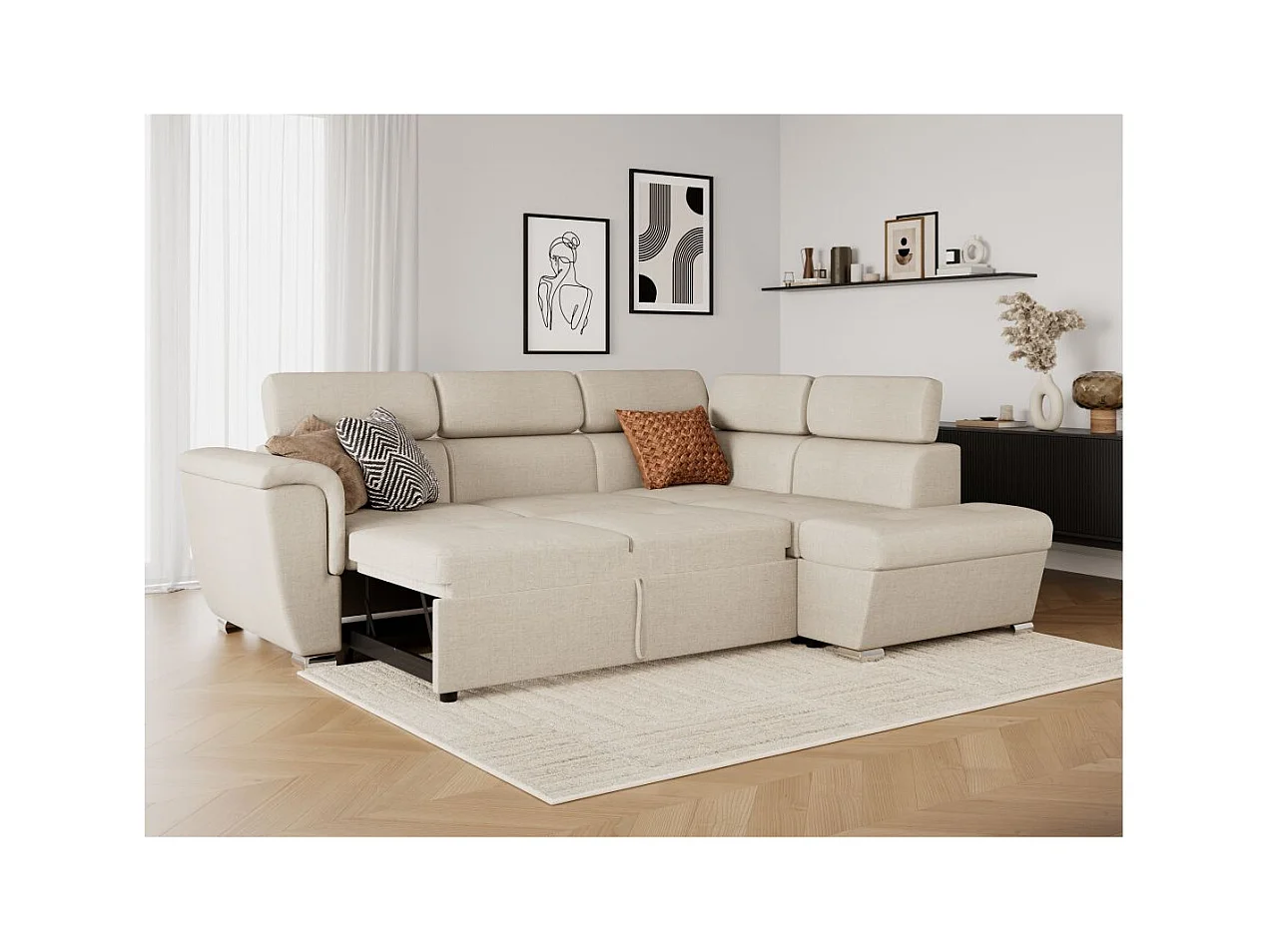 Canapé d'angle droit convertible 4 places Paola avec coffre en tissu - Beige - L252 x P188 x H76cm - Loungitude