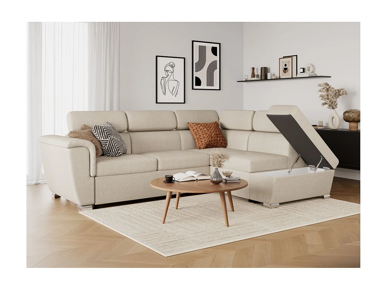 Canapé d'angle droit convertible 4 places Paola avec coffre en tissu - Beige - L252 x P188 x H76cm - Loungitude