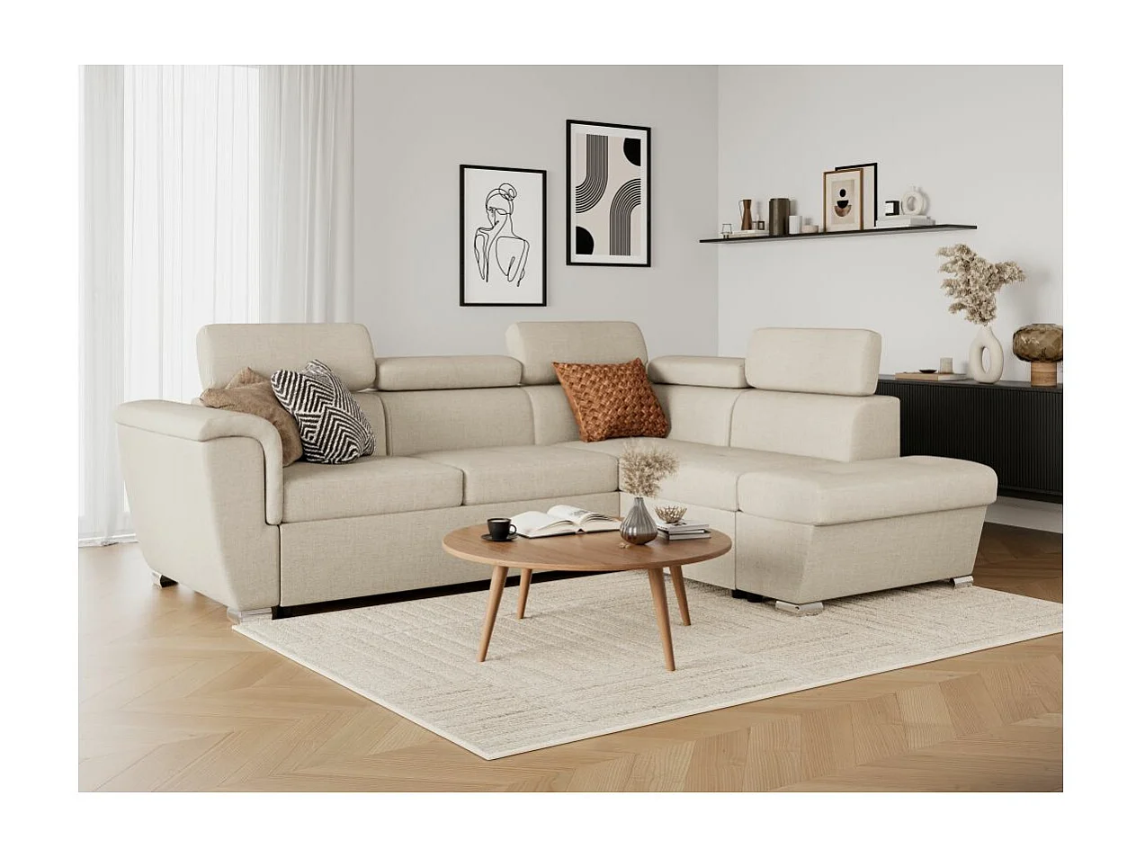 Canapé d'angle droit convertible 4 places Paola avec coffre en tissu - Beige - L252 x P188 x H76cm - Loungitude