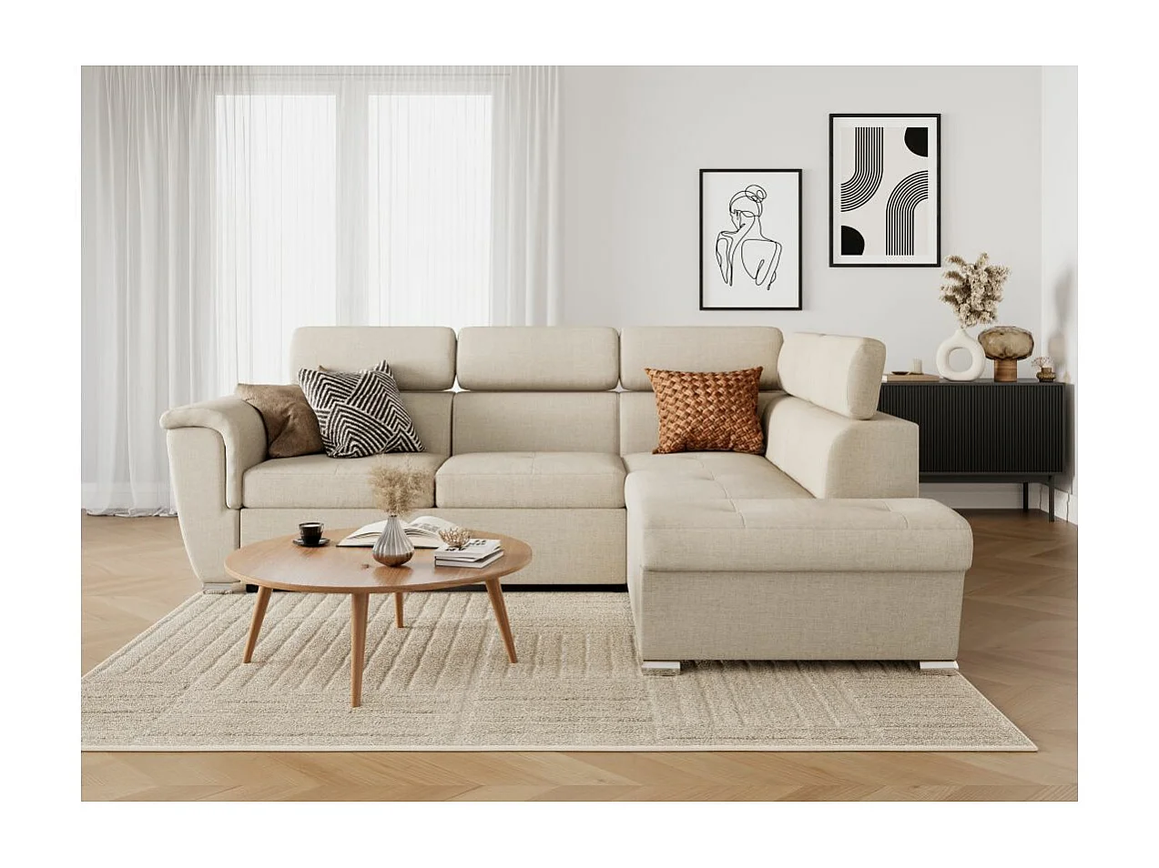 Canapé d'angle droit convertible 4 places Paola avec coffre en tissu - Beige - L252 x P188 x H76cm - Loungitude