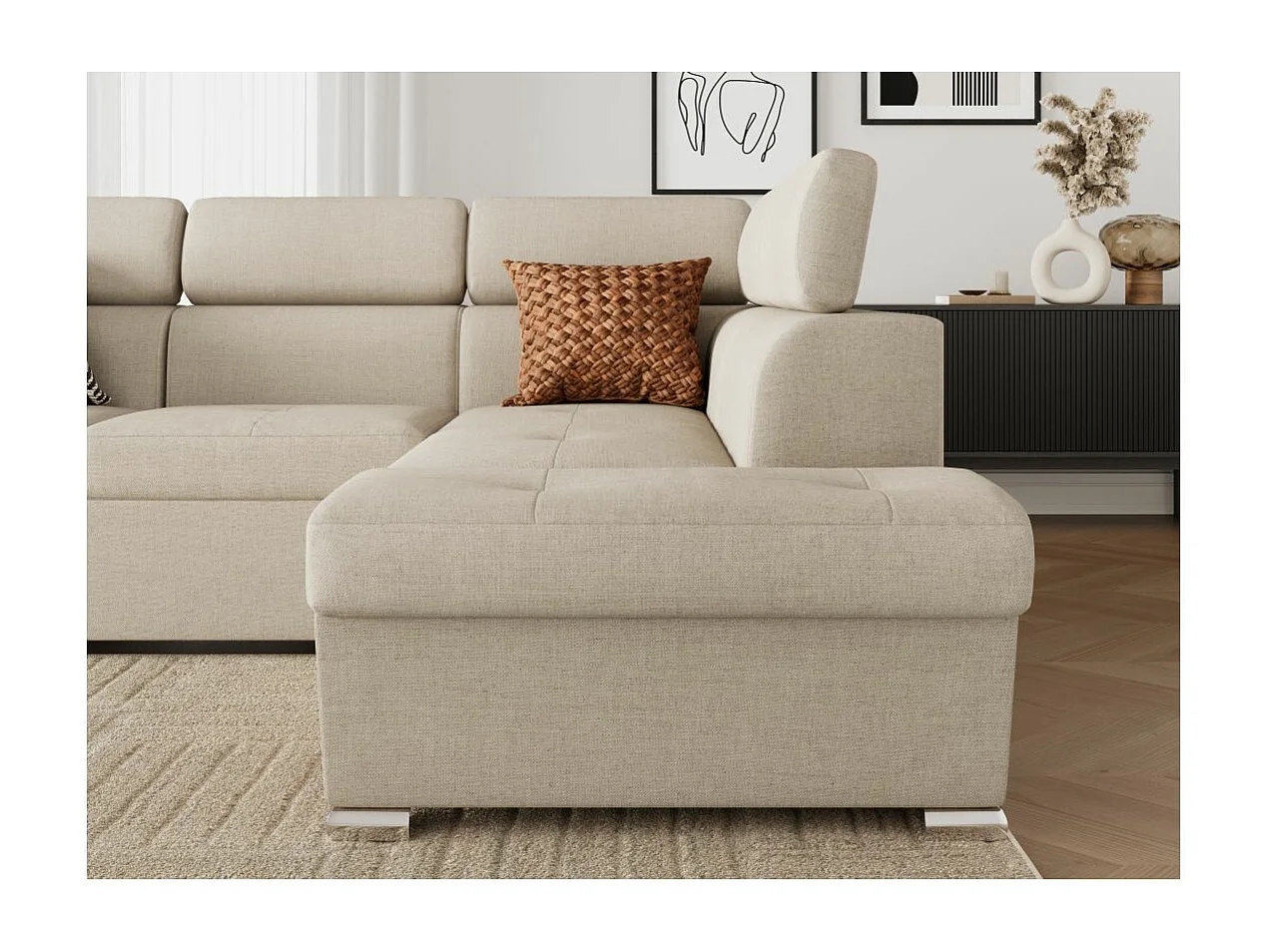 Canapé d'angle droit convertible 4 places Paola avec coffre en tissu - Beige - L252 x P188 x H76cm - Loungitude