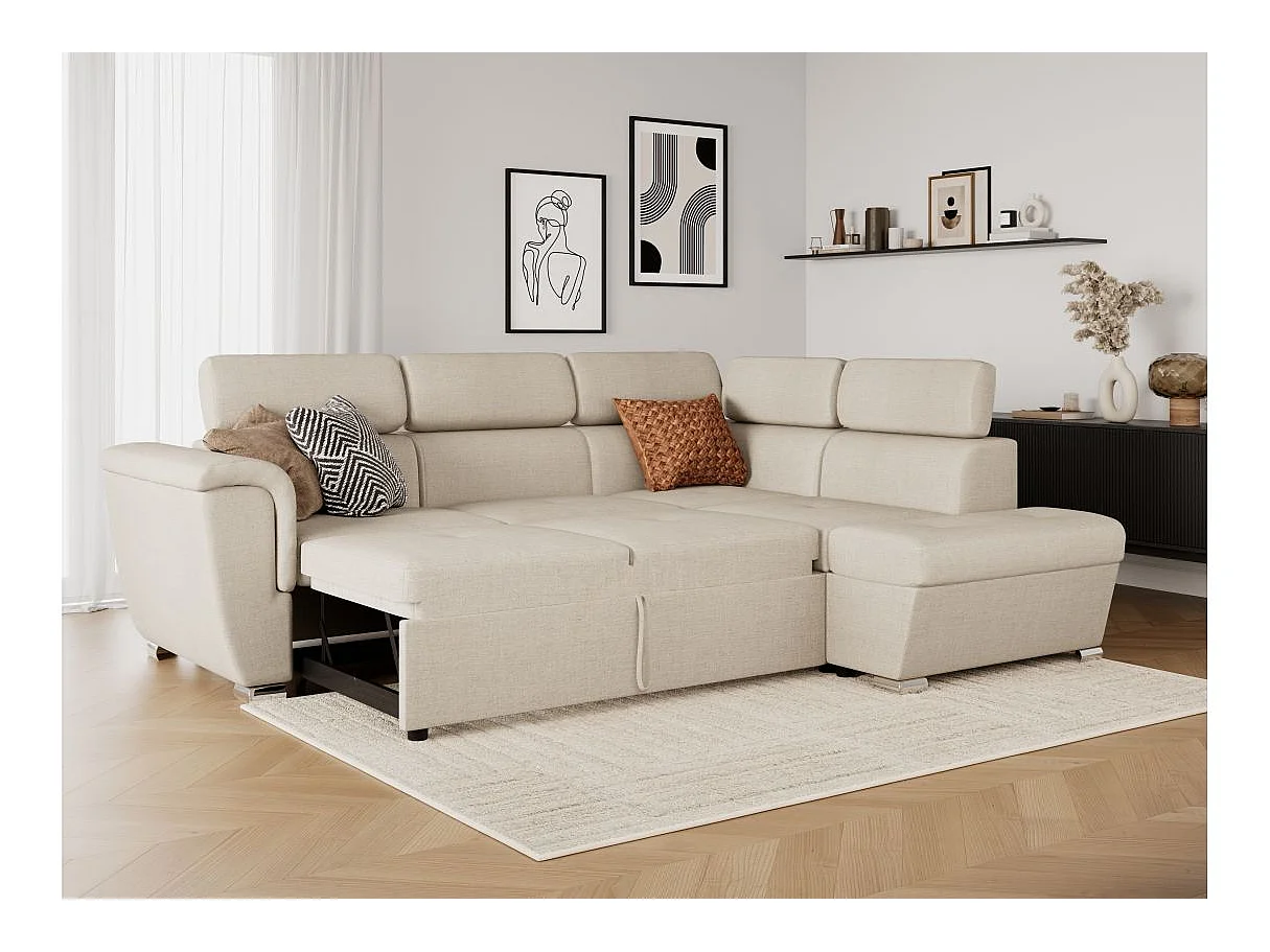 Canapé d'angle droit convertible 4 places Paola avec coffre en tissu - Beige - L252 x P188 x H76cm - Loungitude