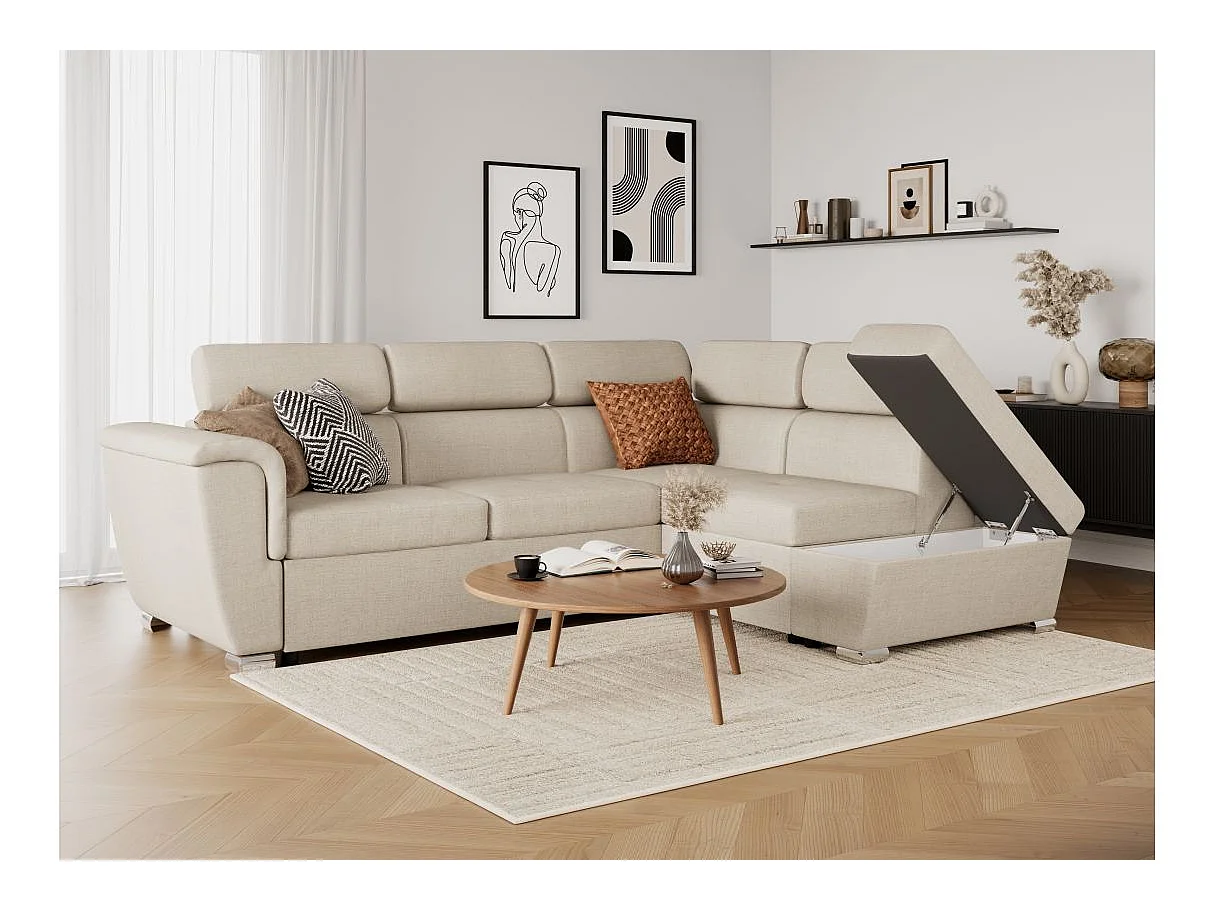 Canapé d'angle droit convertible 4 places Paola avec coffre en tissu - Beige - L252 x P188 x H76cm - Loungitude