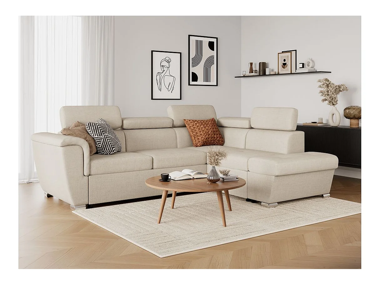 Canapé d'angle droit convertible 4 places Paola avec coffre en tissu - Beige - L252 x P188 x H76cm - Loungitude