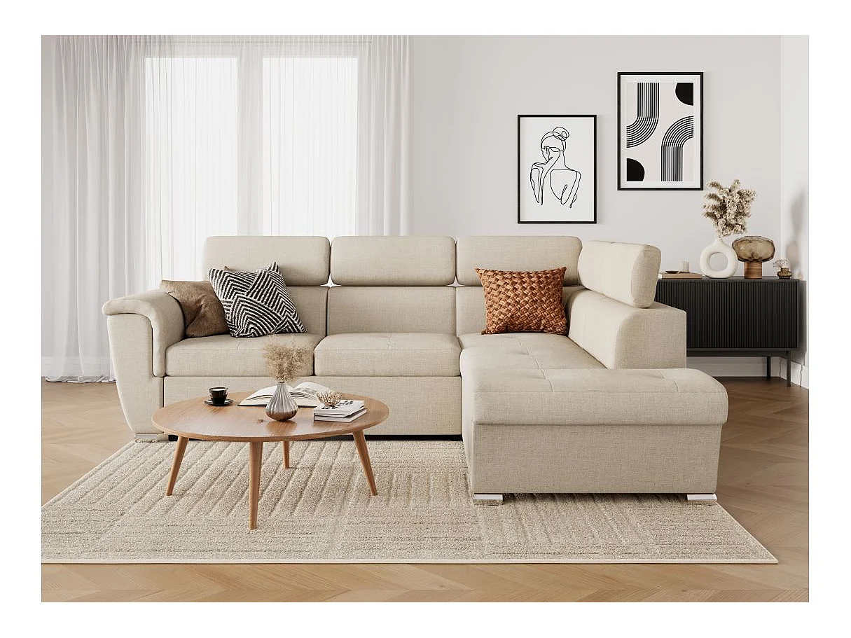 Canapé d'angle droit convertible 4 places Paola avec coffre en tissu - Beige - L252 x P188 x H76cm - Loungitude