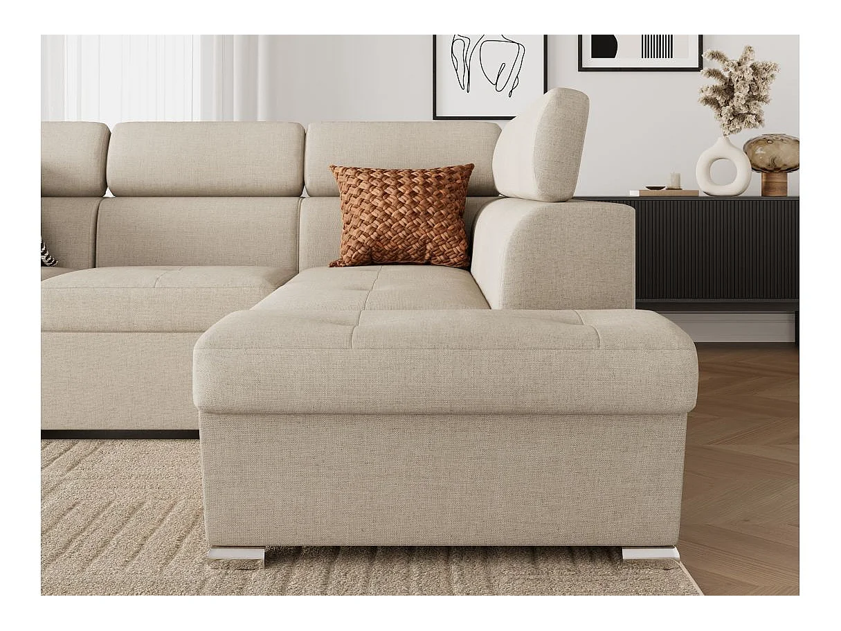 Canapé d'angle droit convertible 4 places Paola avec coffre en tissu - Beige - L252 x P188 x H76cm - Loungitude