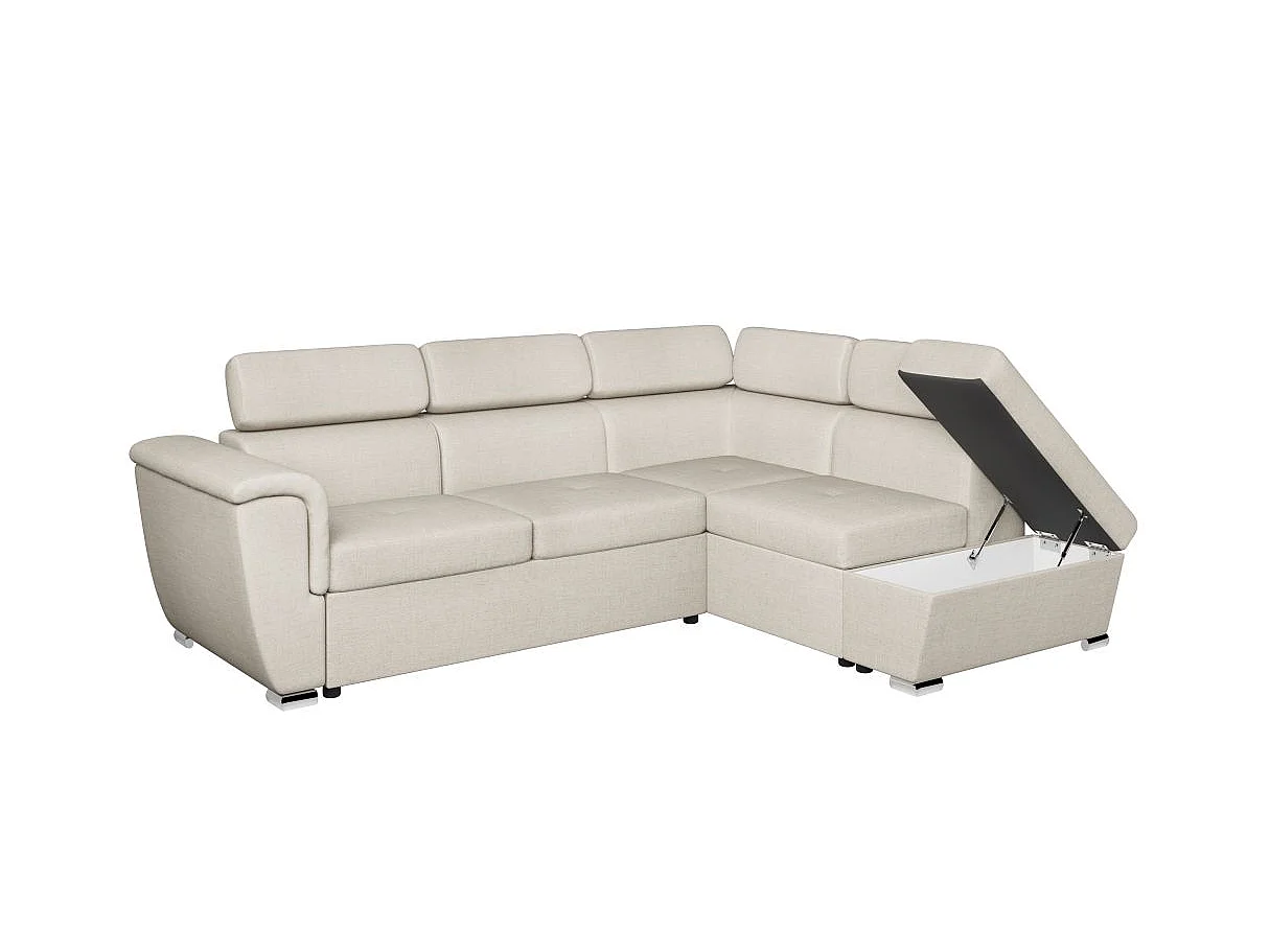 Canapé d'angle droit convertible 4 places Paola avec coffre en tissu - Beige - L252 x P188 x H76cm - Loungitude