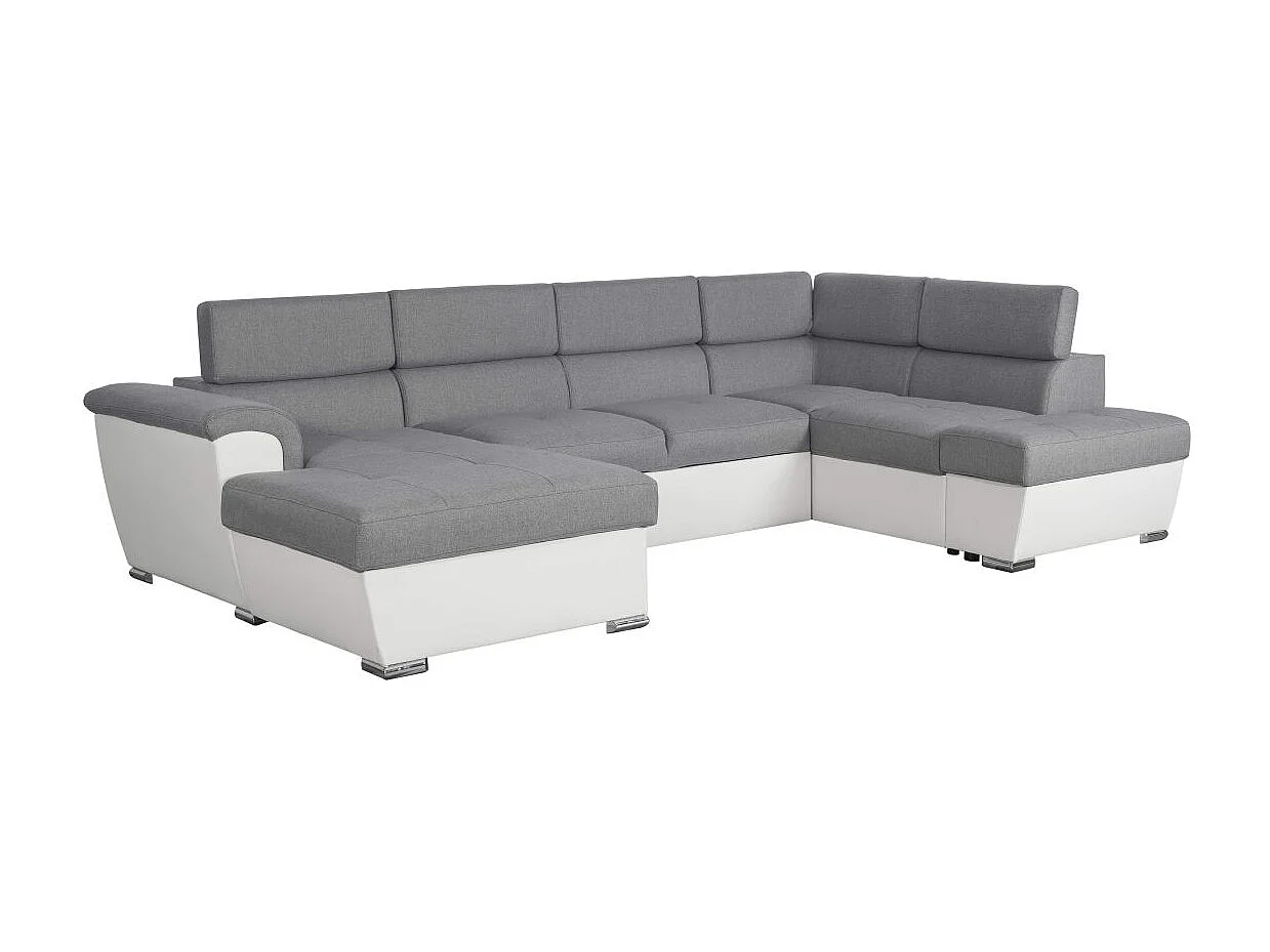 Canapé panoramique convertible avec 2 coffres Paola en tissu et simili - Blanc/Gris - L320,5 x P188 x H76cm - Loungitude