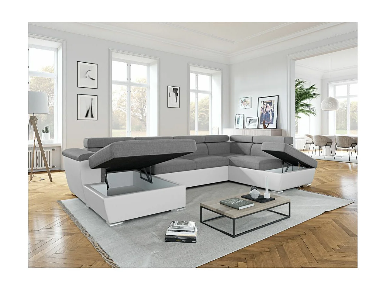 Canapé panoramique convertible avec 2 coffres Paola en tissu et simili - Blanc/Gris - L320,5 x P188 x H76cm - Loungitude