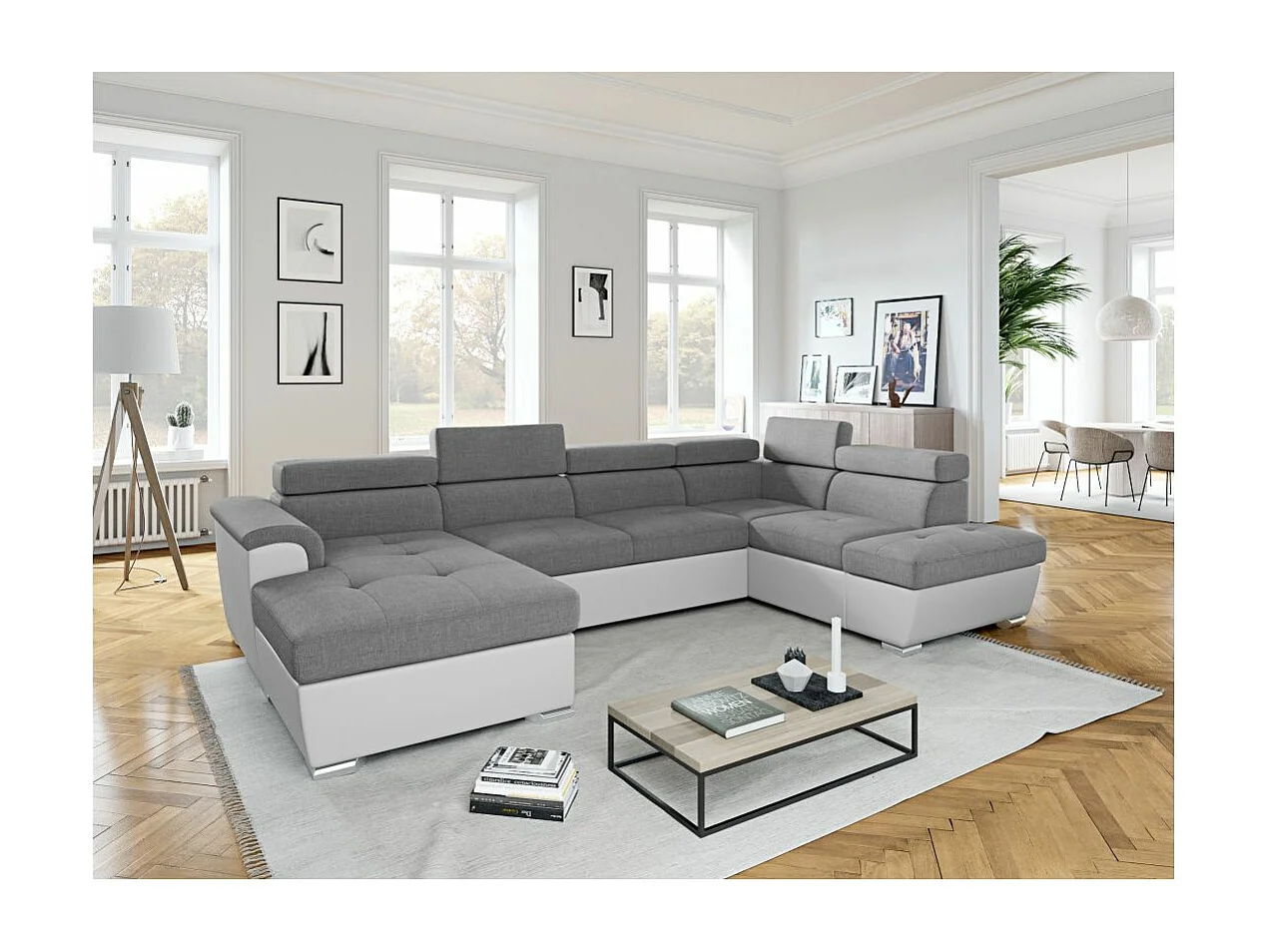 Canapé panoramique convertible avec 2 coffres Paola en tissu et simili - Blanc/Gris - L320,5 x P188 x H76cm - Loungitude