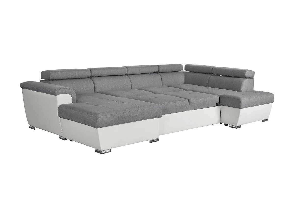 Canapé panoramique convertible avec 2 coffres Paola en tissu et simili - Blanc/Gris - L320,5 x P188 x H76cm - Loungitude