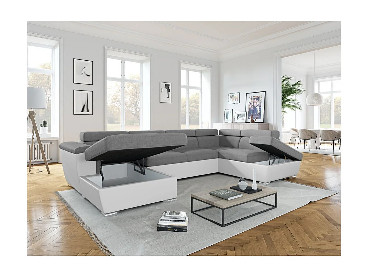 Canapé panoramique convertible avec 2 coffres Paola en tissu et simili - Blanc/Gris - L320,5 x P188 x H76cm - Loungitude
