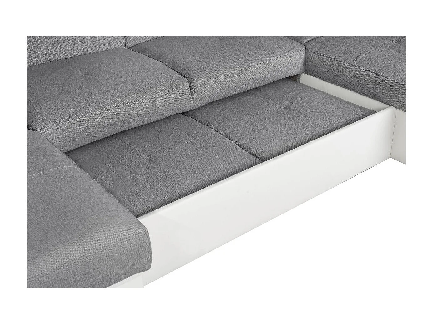 Canapé panoramique convertible avec 2 coffres Paola en tissu et simili - Blanc/Gris - L320,5 x P188 x H76cm - Loungitude