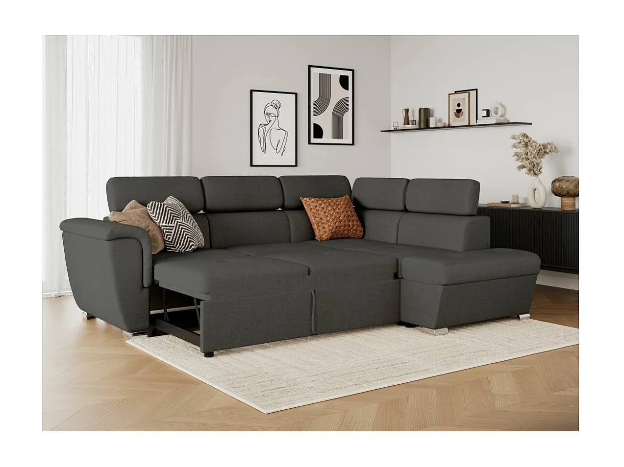 Canapé d'angle droit convertible 4 places Paola avec coffre en tissu - Gris anthracite - L252 x P188 x H76cm - Loungitude
