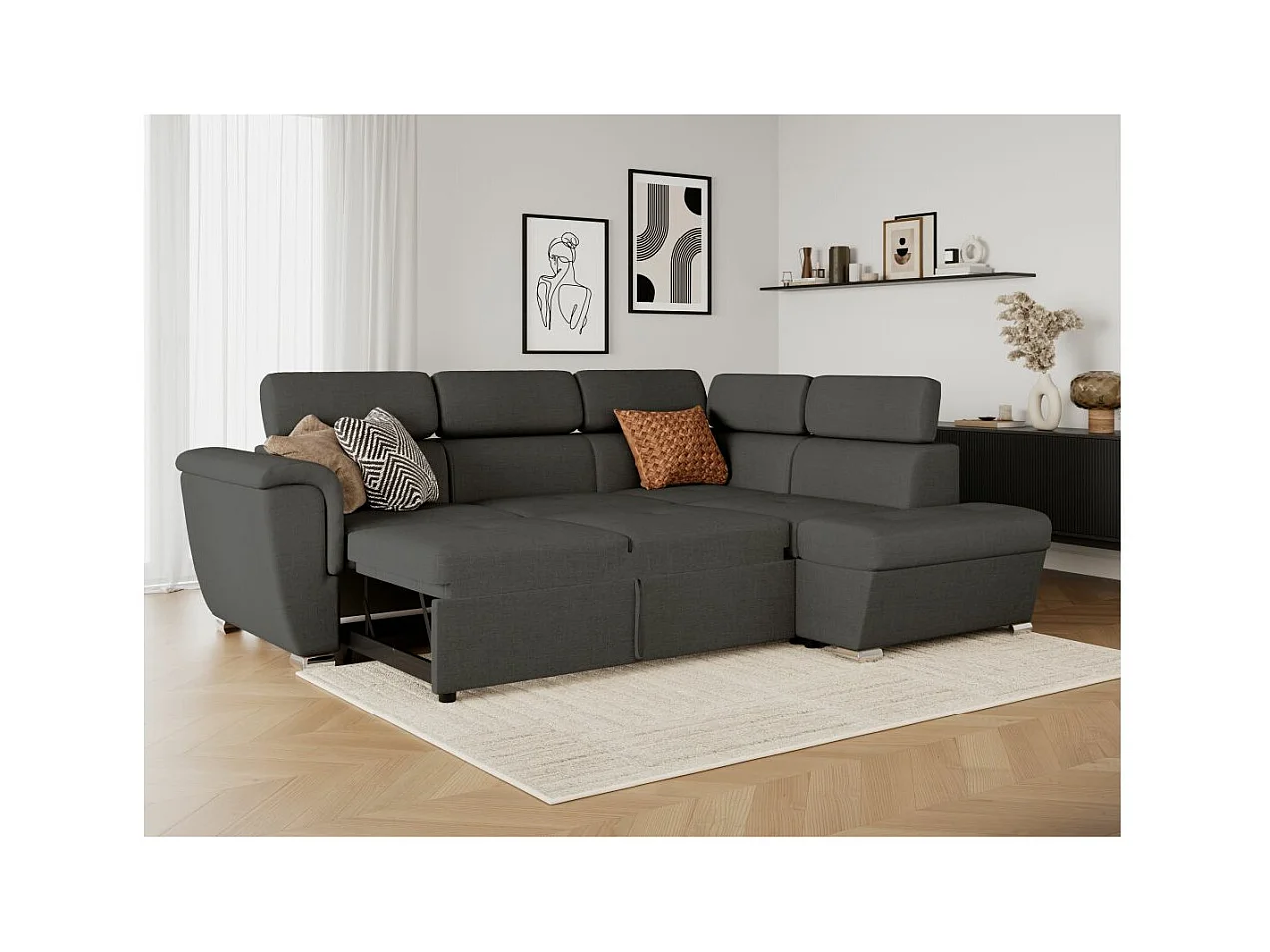 Canapé d'angle droit convertible 4 places Paola avec coffre en tissu - Gris anthracite - L252 x P188 x H76cm - Loungitude