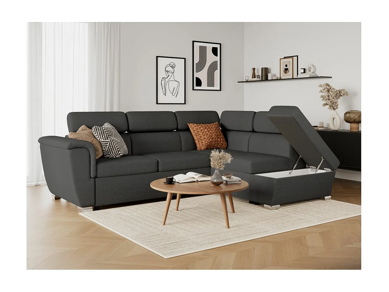 Canapé d'angle droit convertible 4 places Paola avec coffre en tissu - Gris anthracite - L252 x P188 x H76cm - Loungitude