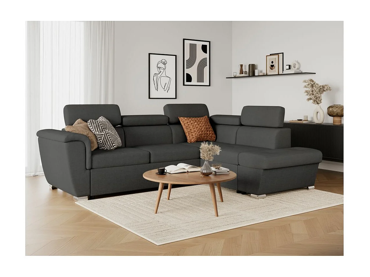 Canapé d'angle droit convertible 4 places Paola avec coffre en tissu - Gris anthracite - L252 x P188 x H76cm - Loungitude