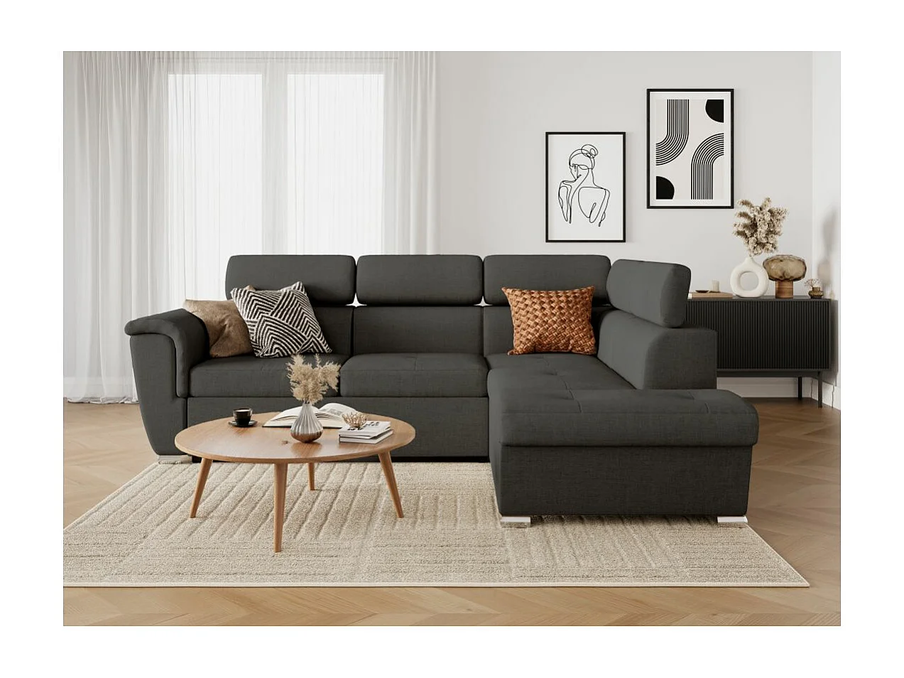 Canapé d'angle droit convertible 4 places Paola avec coffre en tissu - Gris anthracite - L252 x P188 x H76cm - Loungitude