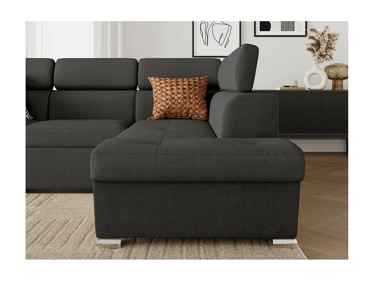 Canapé d'angle droit convertible 4 places Paola avec coffre en tissu - Gris anthracite - L252 x P188 x H76cm - Loungitude