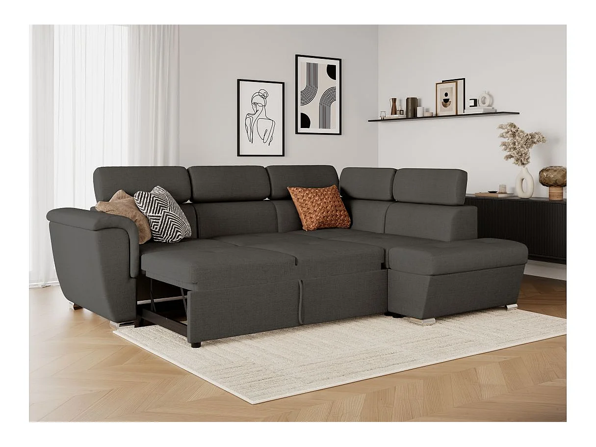 Canapé d'angle droit convertible 4 places Paola avec coffre en tissu - Gris anthracite - L252 x P188 x H76cm - Loungitude