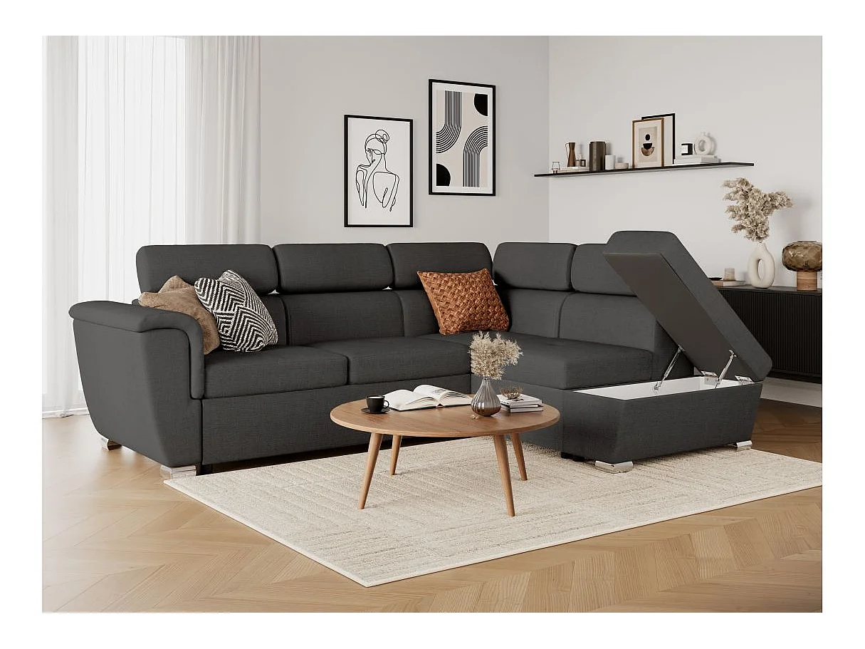 Canapé d'angle droit convertible 4 places Paola avec coffre en tissu - Gris anthracite - L252 x P188 x H76cm - Loungitude