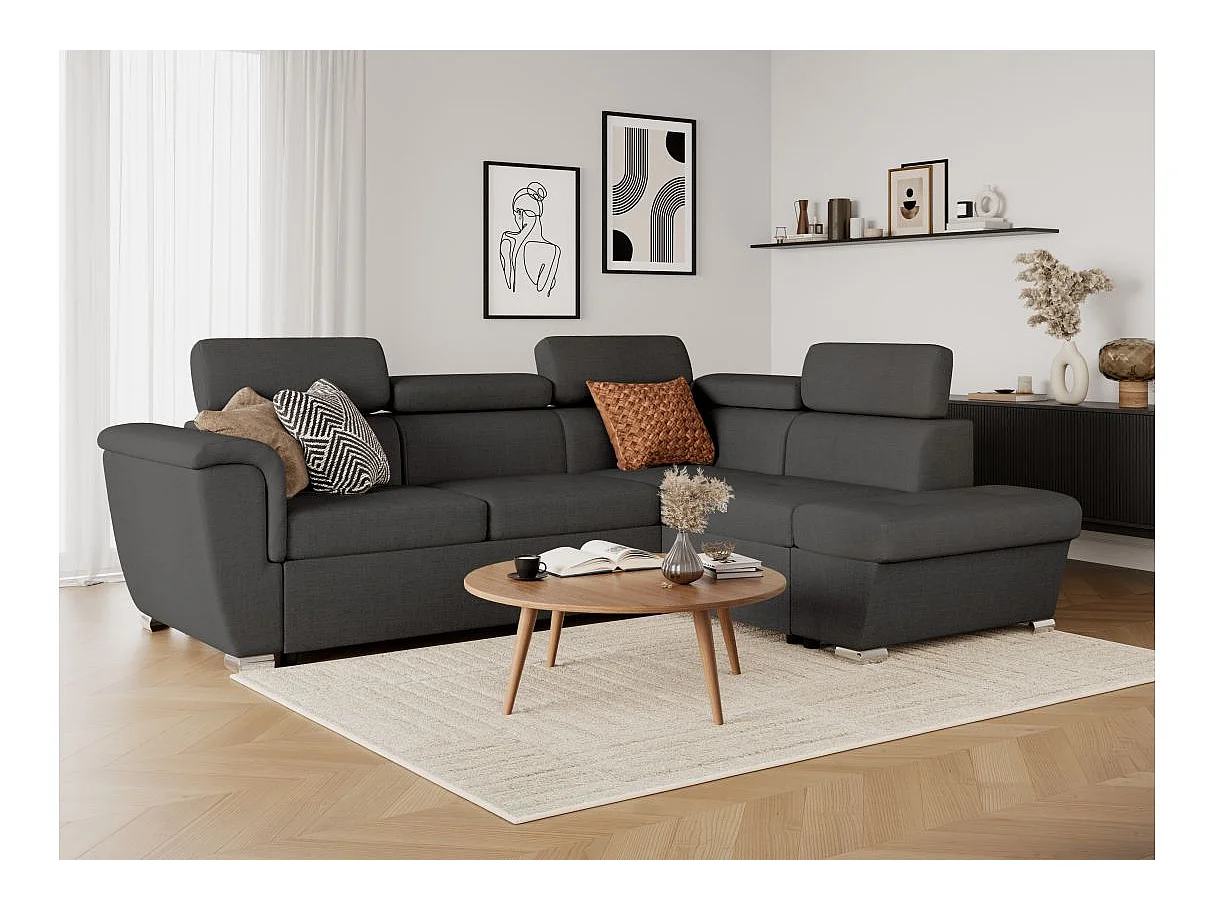 Canapé d'angle droit convertible 4 places Paola avec coffre en tissu - Gris anthracite - L252 x P188 x H76cm - Loungitude