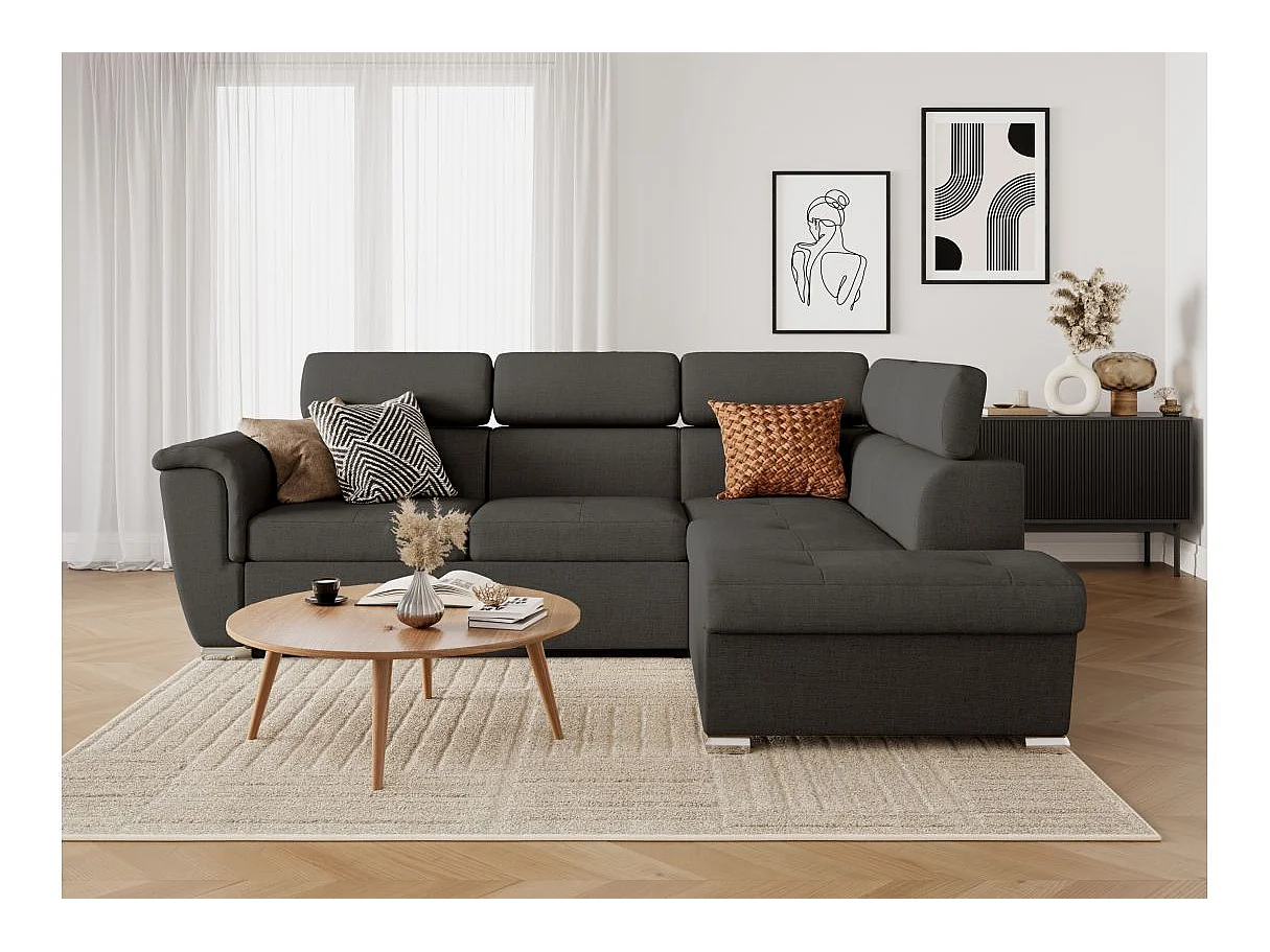 Canapé d'angle droit convertible 4 places Paola avec coffre en tissu - Gris anthracite - L252 x P188 x H76cm - Loungitude