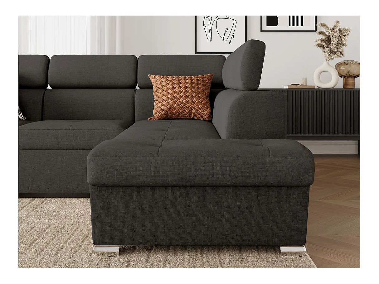 Canapé d'angle droit convertible 4 places Paola avec coffre en tissu - Gris anthracite - L252 x P188 x H76cm - Loungitude