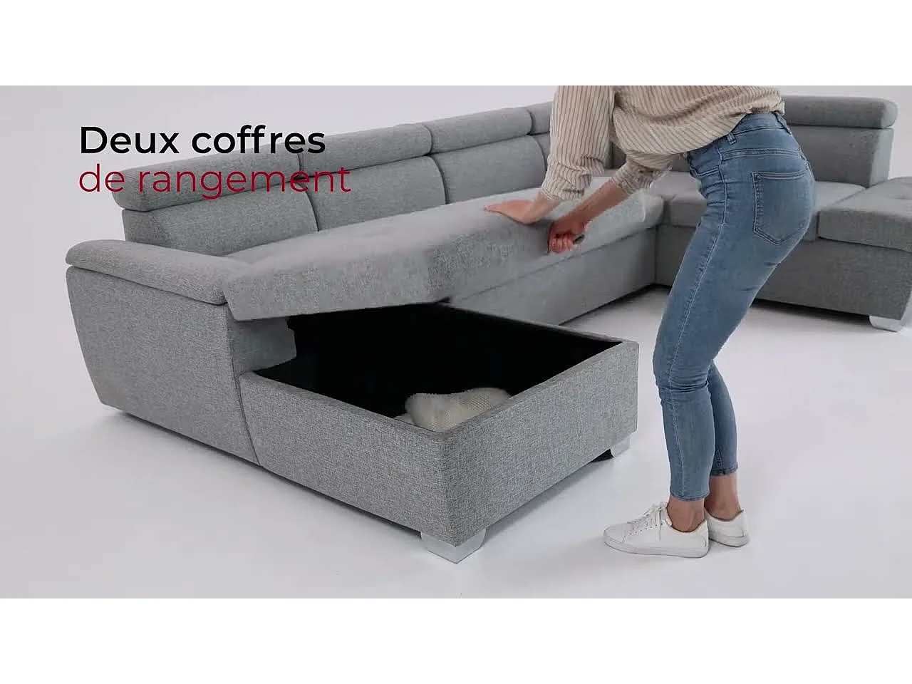 Canapé panoramique convertible avec 2 coffres Paola en tissu - Gris anthracite - L320,5 x P188 x H76cm - Loungitude