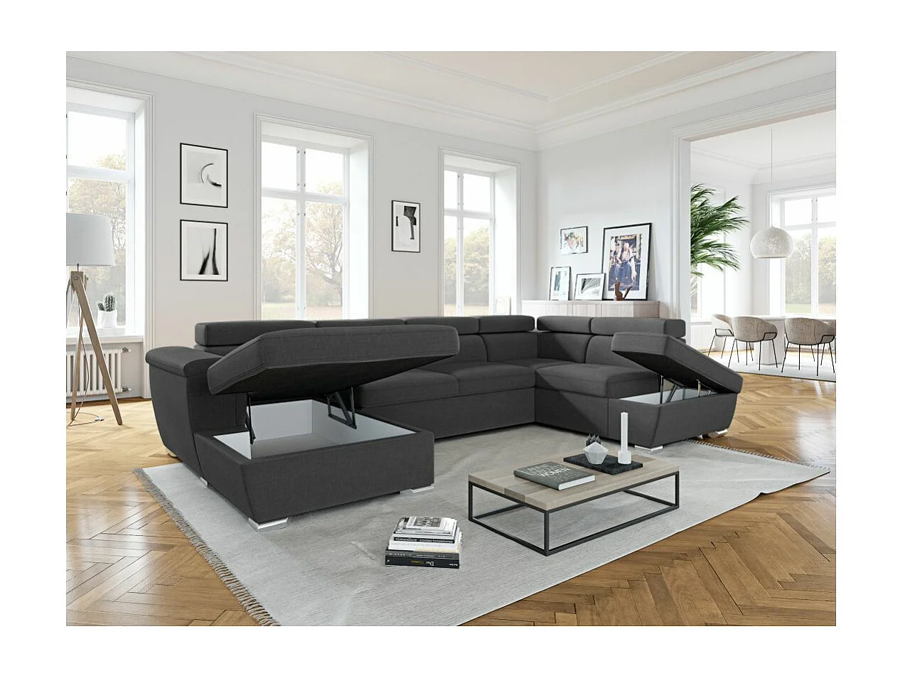 Canapé panoramique convertible avec 2 coffres Paola en tissu - Gris anthracite - L320,5 x P188 x H76cm - Loungitude