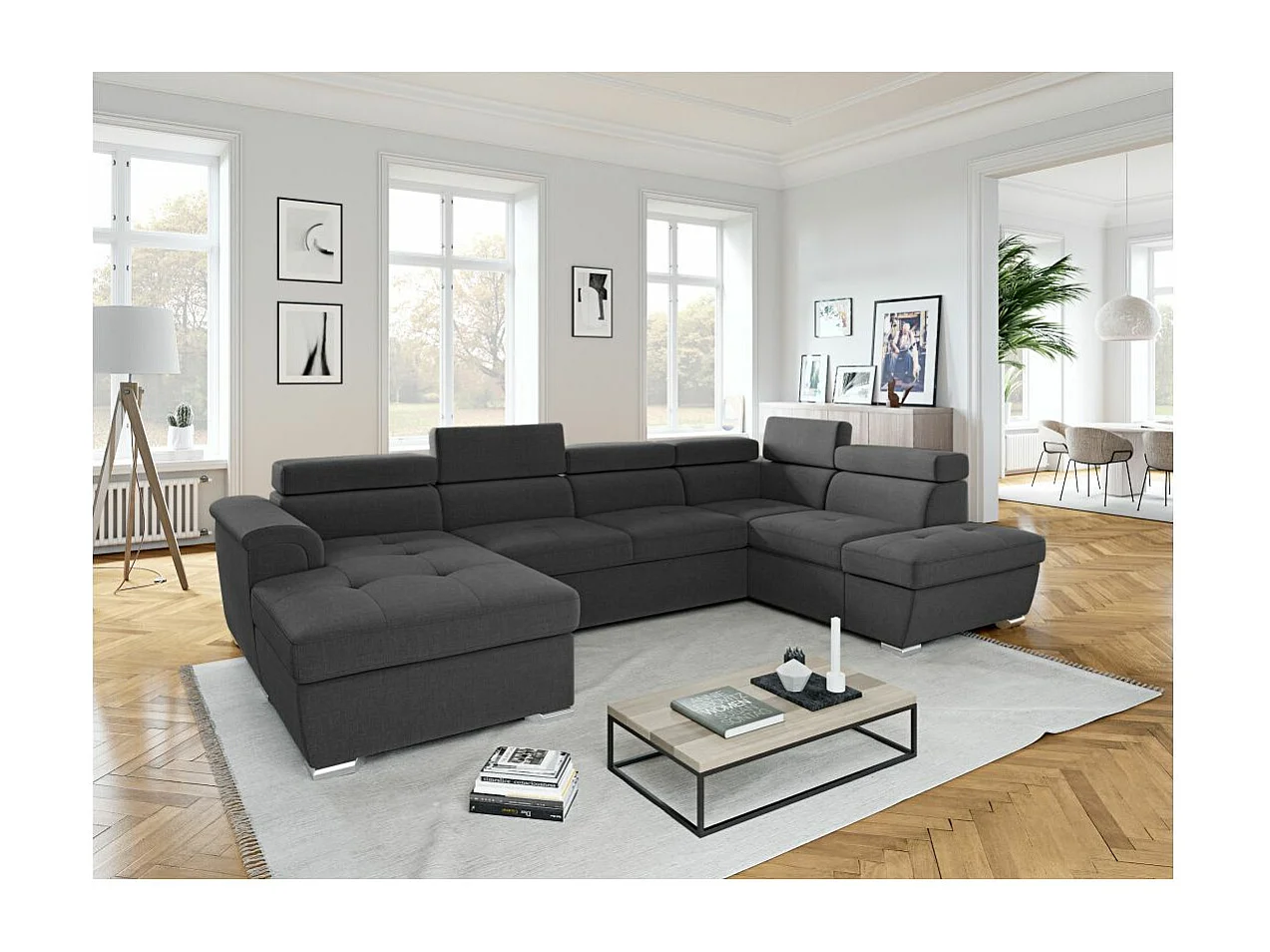 Canapé panoramique convertible avec 2 coffres Paola en tissu - Gris anthracite - L320,5 x P188 x H76cm - Loungitude