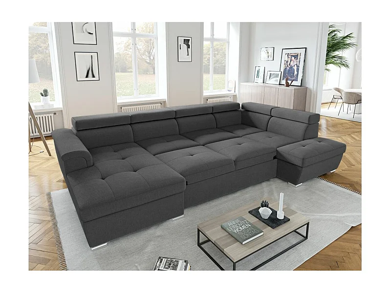 Canapé panoramique convertible avec 2 coffres Paola en tissu - Gris anthracite - L320,5 x P188 x H76cm - Loungitude