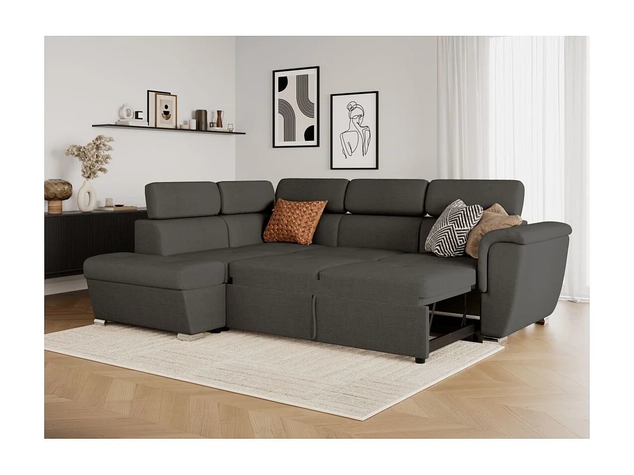 Canapé d'angle gauche convertible 4 places Paola avec coffre en tissu - Gris anthracite - L252 x P188 x H76cm - Loungitude