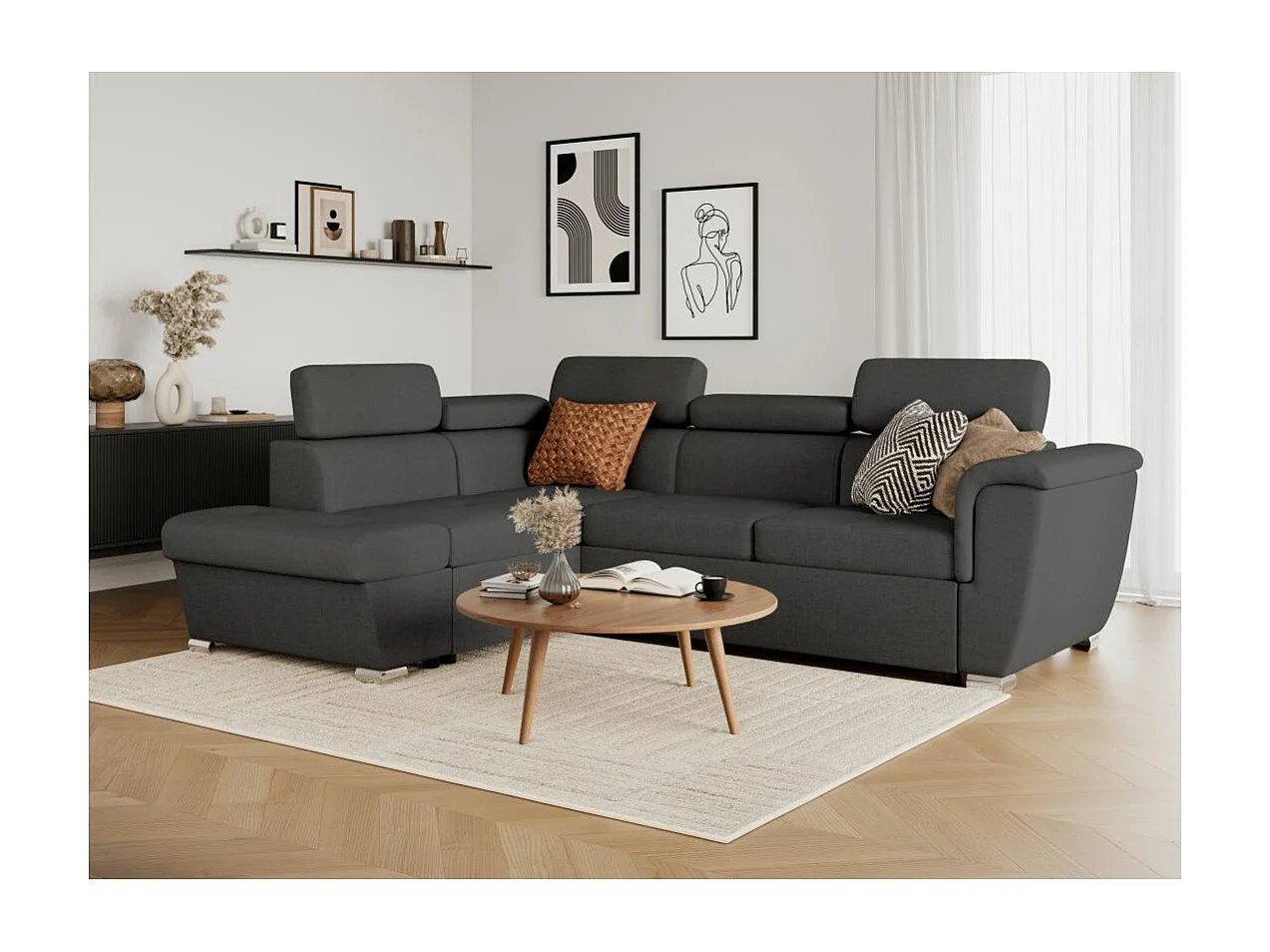 Canapé d'angle gauche convertible 4 places Paola avec coffre en tissu - Gris anthracite - L252 x P188 x H76cm - Loungitude