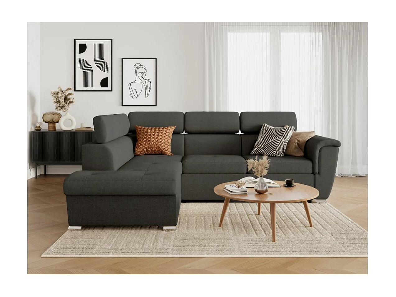 Canapé d'angle gauche convertible 4 places Paola avec coffre en tissu - Gris anthracite - L252 x P188 x H76cm - Loungitude