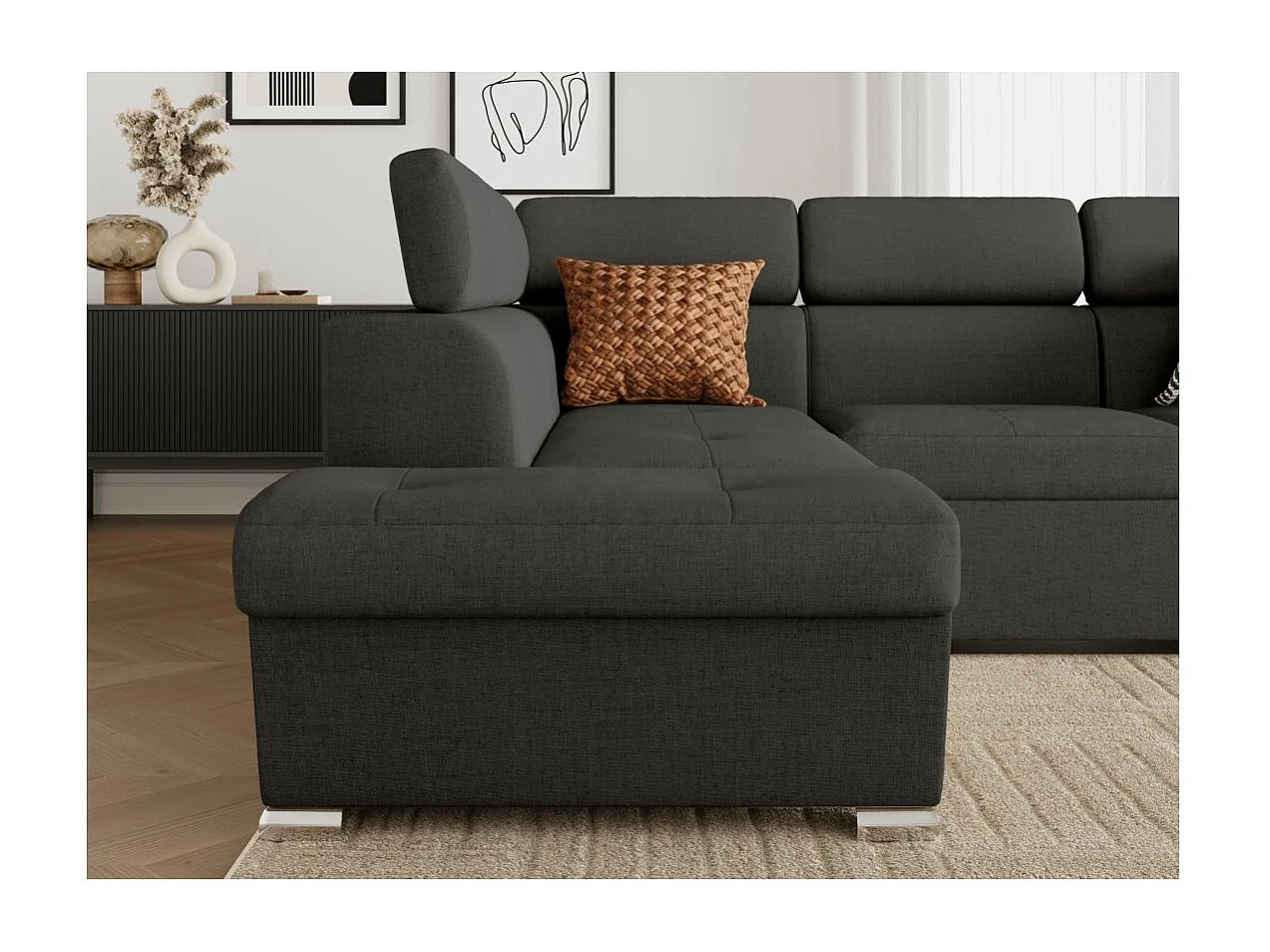 Canapé d'angle gauche convertible 4 places Paola avec coffre en tissu - Gris anthracite - L252 x P188 x H76cm - Loungitude