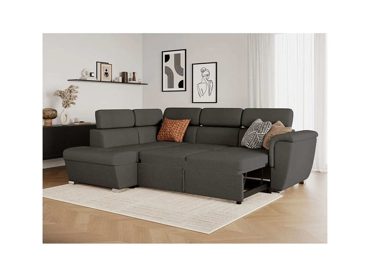 Canapé d'angle gauche convertible 4 places Paola avec coffre en tissu - Gris anthracite - L252 x P188 x H76cm - Loungitude
