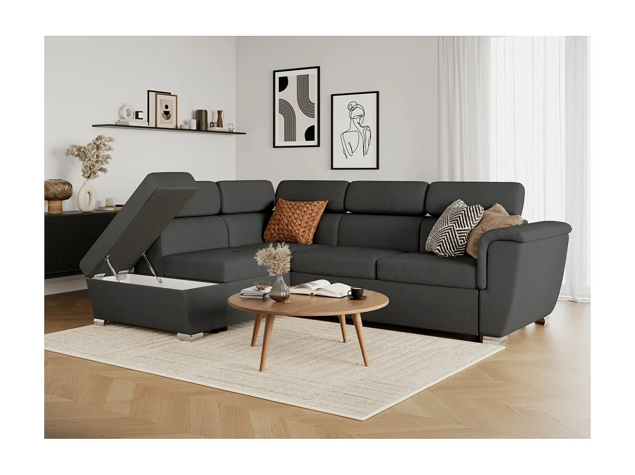 Canapé d'angle gauche convertible 4 places Paola avec coffre en tissu - Gris anthracite - L252 x P188 x H76cm - Loungitude