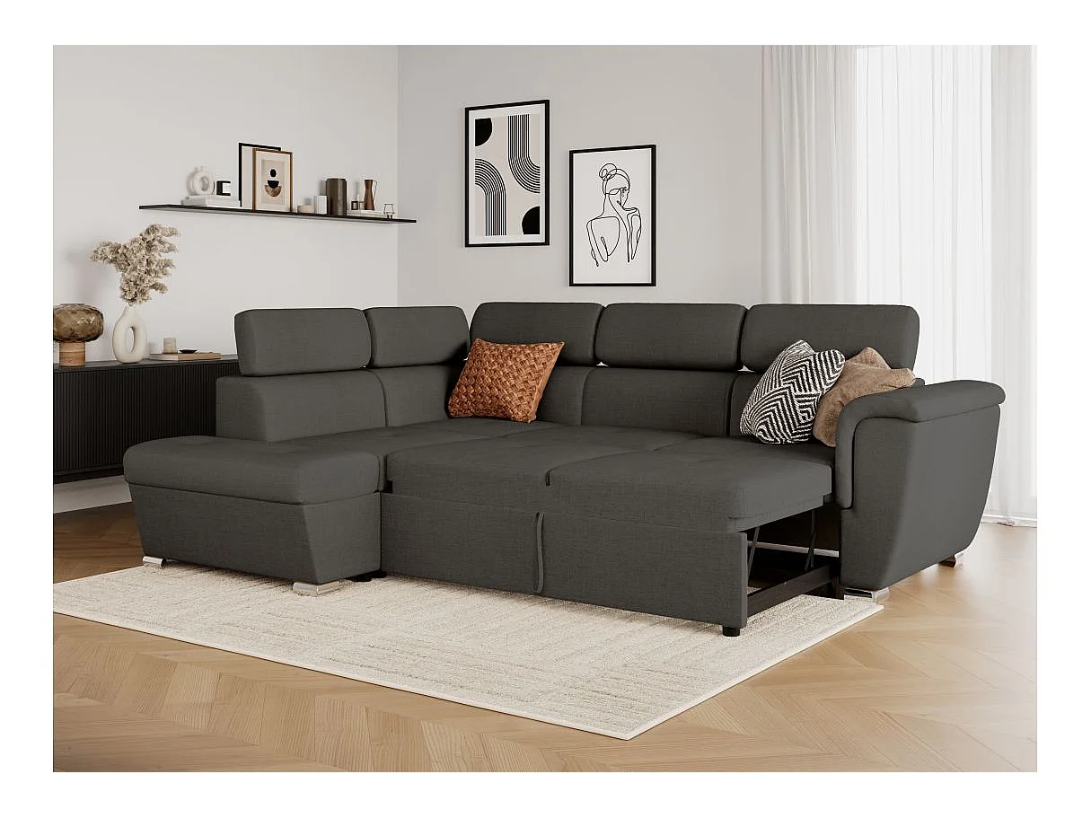 Canapé d'angle gauche convertible 4 places Paola avec coffre en tissu - Gris anthracite - L252 x P188 x H76cm - Loungitude