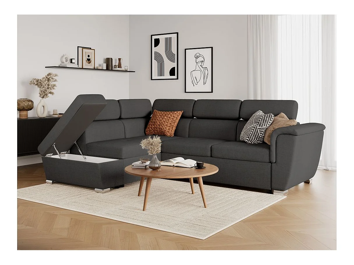 Canapé d'angle gauche convertible 4 places Paola avec coffre en tissu - Gris anthracite - L252 x P188 x H76cm - Loungitude