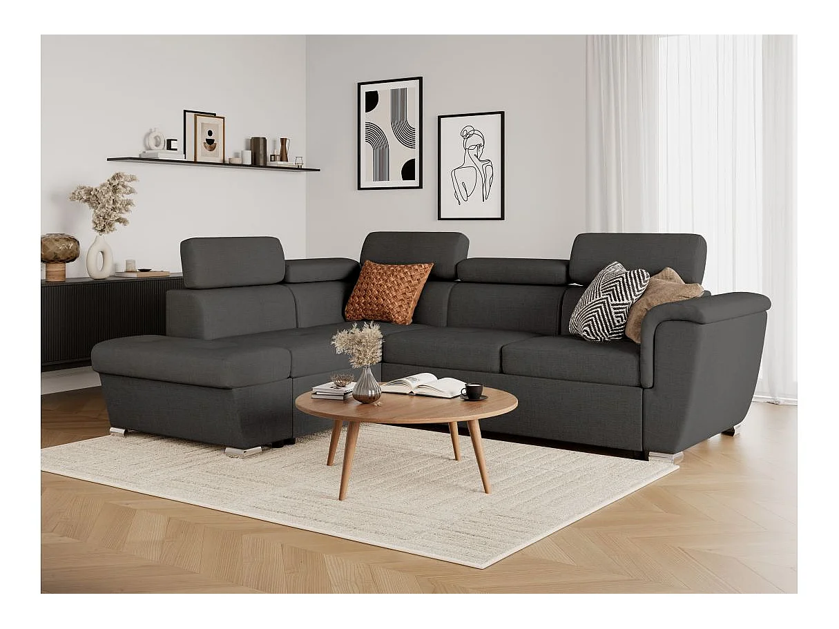 Canapé d'angle gauche convertible 4 places Paola avec coffre en tissu - Gris anthracite - L252 x P188 x H76cm - Loungitude