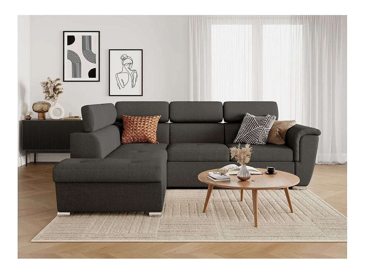 Canapé d'angle gauche convertible 4 places Paola avec coffre en tissu - Gris anthracite - L252 x P188 x H76cm - Loungitude