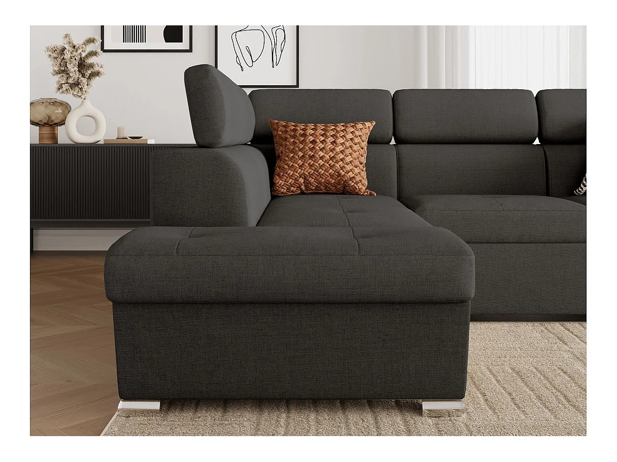 Canapé d'angle gauche convertible 4 places Paola avec coffre en tissu - Gris anthracite - L252 x P188 x H76cm - Loungitude