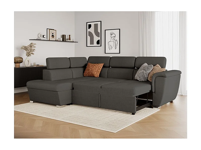 Canapé d'angle gauche convertible 4 places Paola avec coffre en tissu - Gris anthracite - L252 x P188 x H76cm - Loungitude