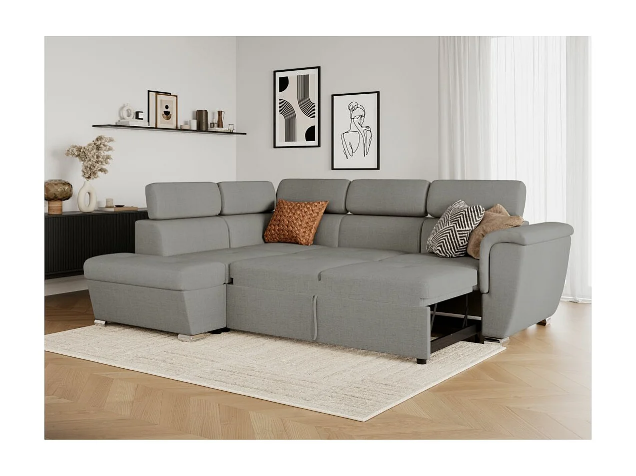 Canapé d'angle gauche convertible 4 places Paola avec coffre en tissu - Gris clair - L252 x P188 x H76cm - Loungitude