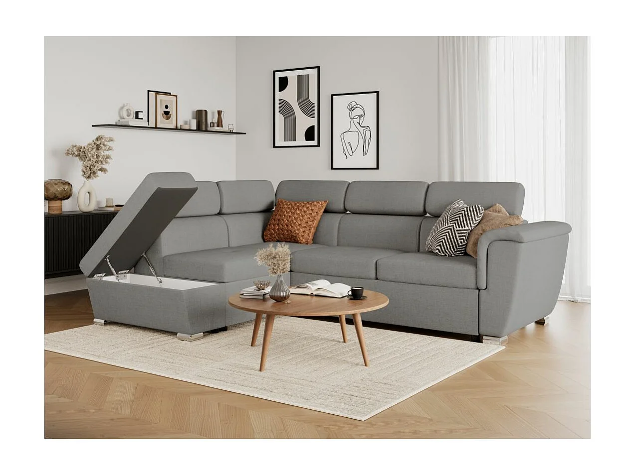 Canapé d'angle gauche convertible 4 places Paola avec coffre en tissu - Gris clair - L252 x P188 x H76cm - Loungitude