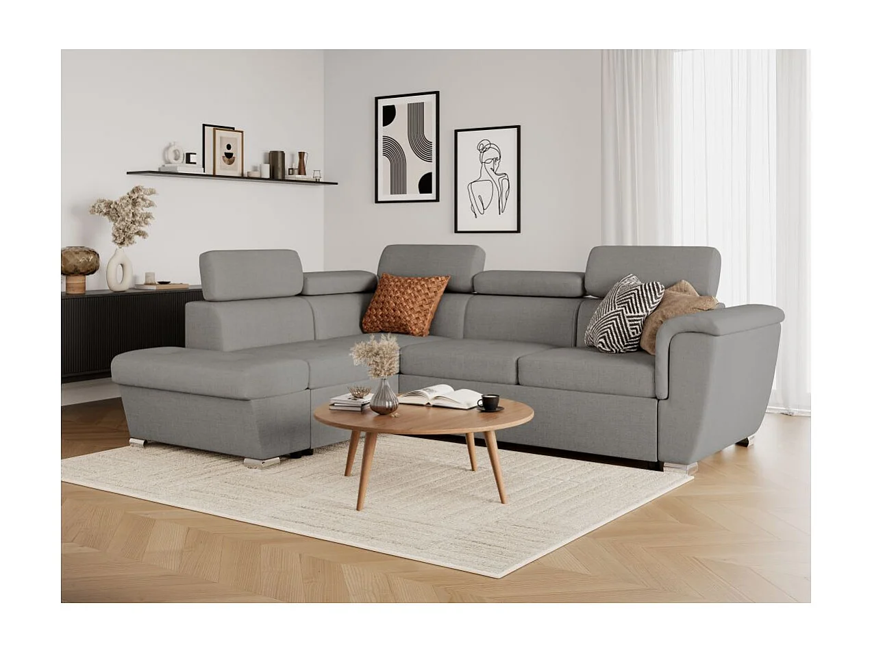 Canapé d'angle gauche convertible 4 places Paola avec coffre en tissu - Gris clair - L252 x P188 x H76cm - Loungitude