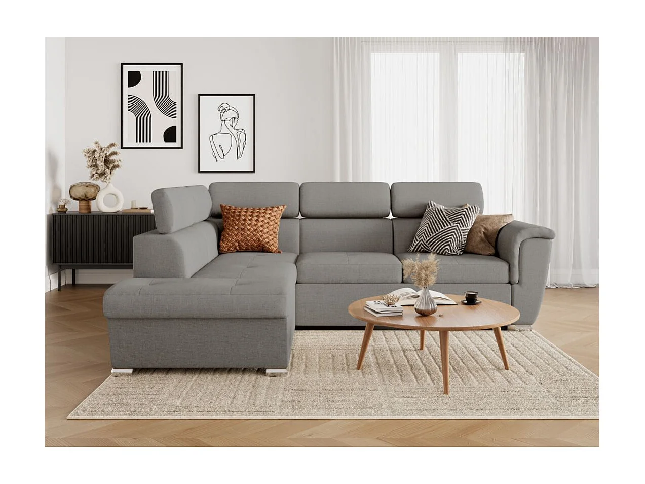 Canapé d'angle gauche convertible 4 places Paola avec coffre en tissu - Gris clair - L252 x P188 x H76cm - Loungitude