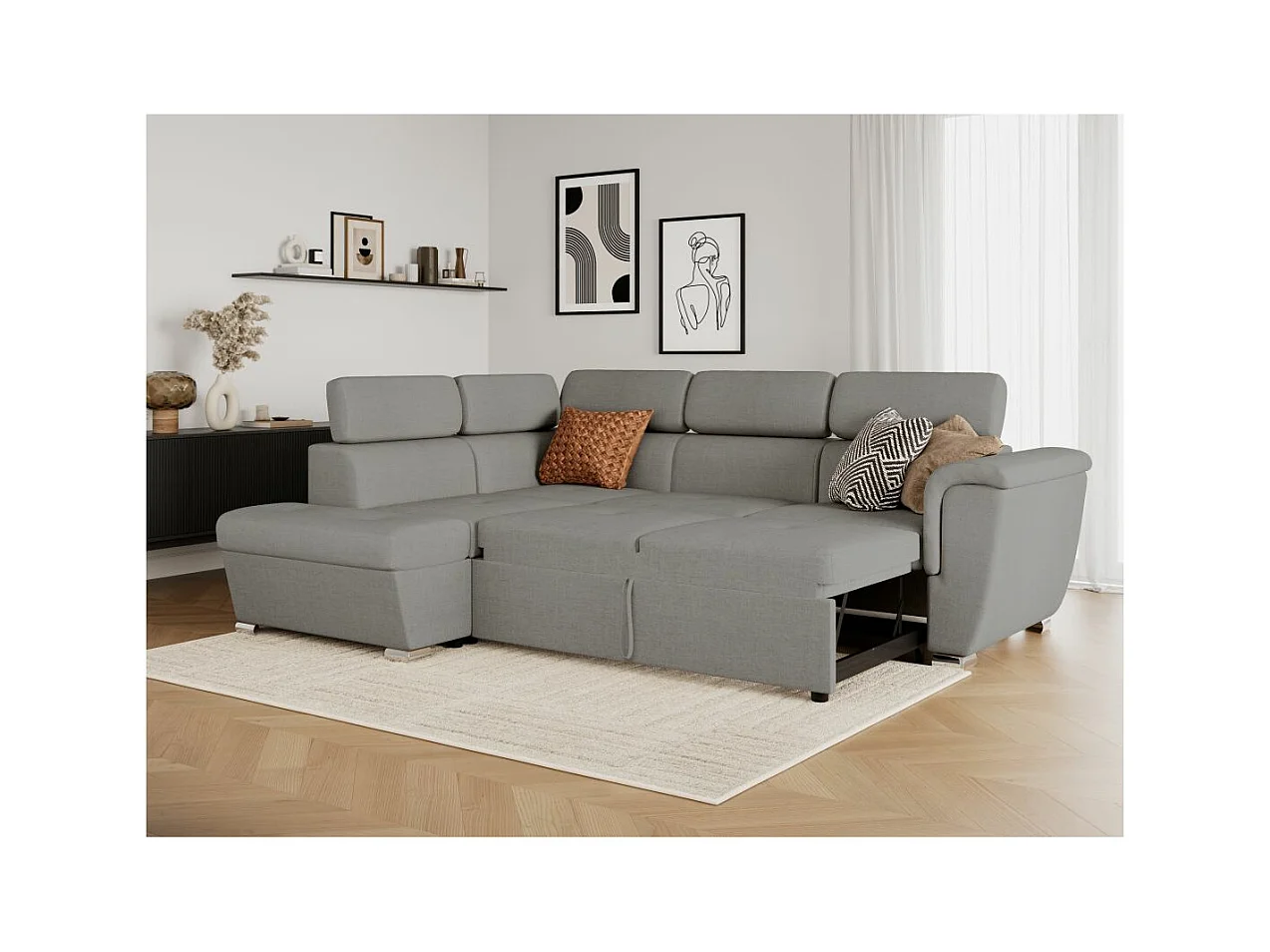 Canapé d'angle gauche convertible 4 places Paola avec coffre en tissu - Gris clair - L252 x P188 x H76cm - Loungitude